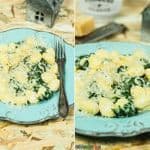 Gnocchi ze szpinakiem.Kluski w sosie śmietankowo-szpinakowym, zapiekane pod serami.